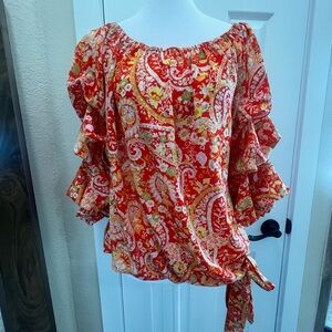 CeCe Red Floral Paisley Blouse